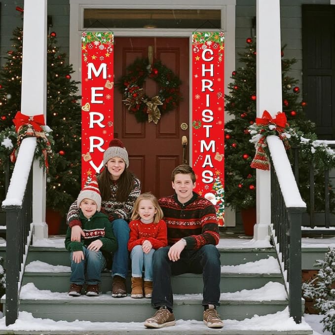 Merry Christmas Front Door Porch Banner, Christmas Sign Holiday Hanging Banner for Xmas Party Decorations, Indoor, Outdoor, Holiday Family Gathering, Winter Party Supplies