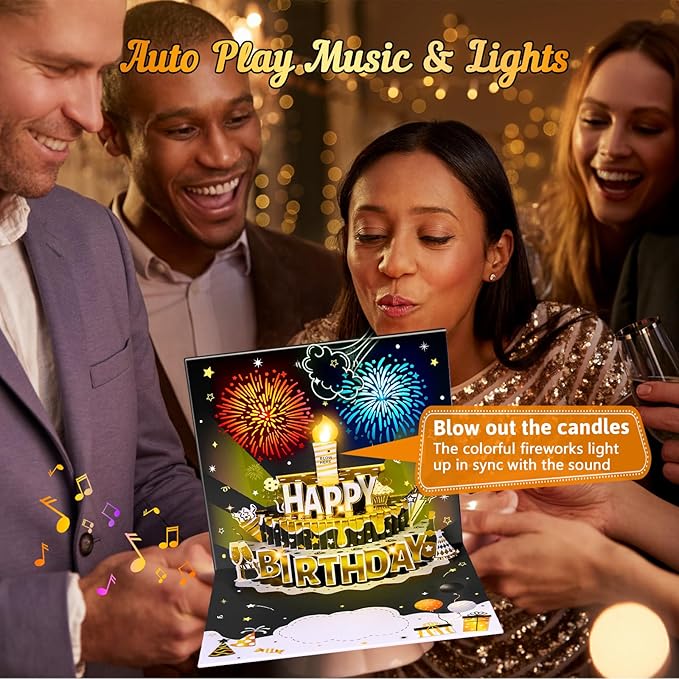 INPHER UPGRADED DIY Age Birthday Cards Fireworks Pop Up Cake Light and Music Black and Gold Happy Birthday Card Gift for Husband, Men, Women, Mom, Grandma