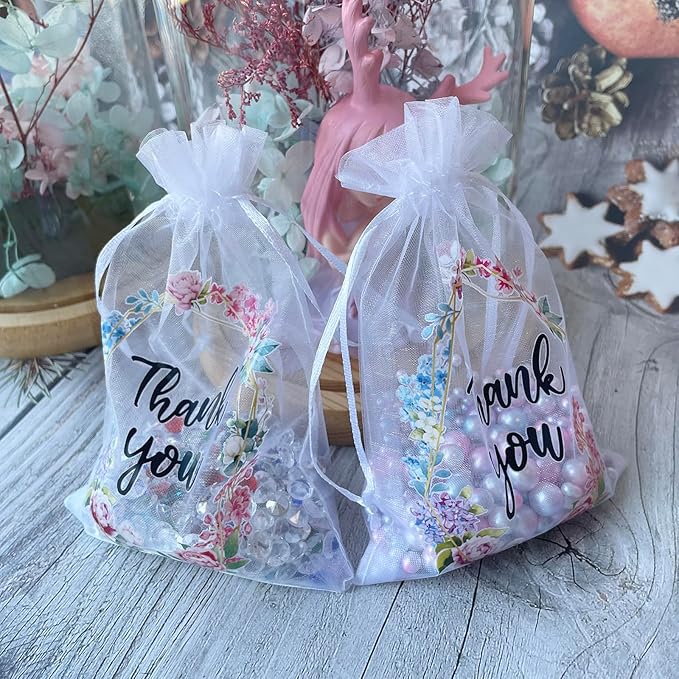 LXKBD 100PCS Organza Gift Bags for Jewelry Easter Party Wedding Favor, 4x6 Inch Thank You White Sheer Drawstring Mesh Pouch Candy Bag