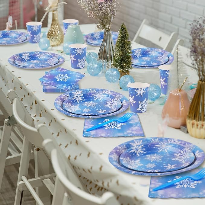 durony 144 Pieces Frozen Paper Plates and Napkins Dinnerware Set Winter Snowflake Party Tableware Supplies Includes Paper Plates Napkins Forks Serve 24 for Christmas Party Supplies