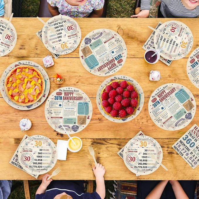 96Pcs 30th Anniversary Party Decorations Retro 30 Years Plates and Napkins 30th Anniversary Disposable Tableware Set for Vintage 30 Year Wedding Company Party Supplies Serves 24