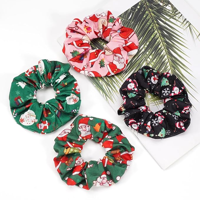 Christmas Hair Scrunchies for Women Cute Elastic Scrunchy Ponytail Holder Hair Ties Green Pink Santa Claus Snowman Bell Christmas Hat Snowflake Xmas Hair Accessories Christams Gifts 4PCS