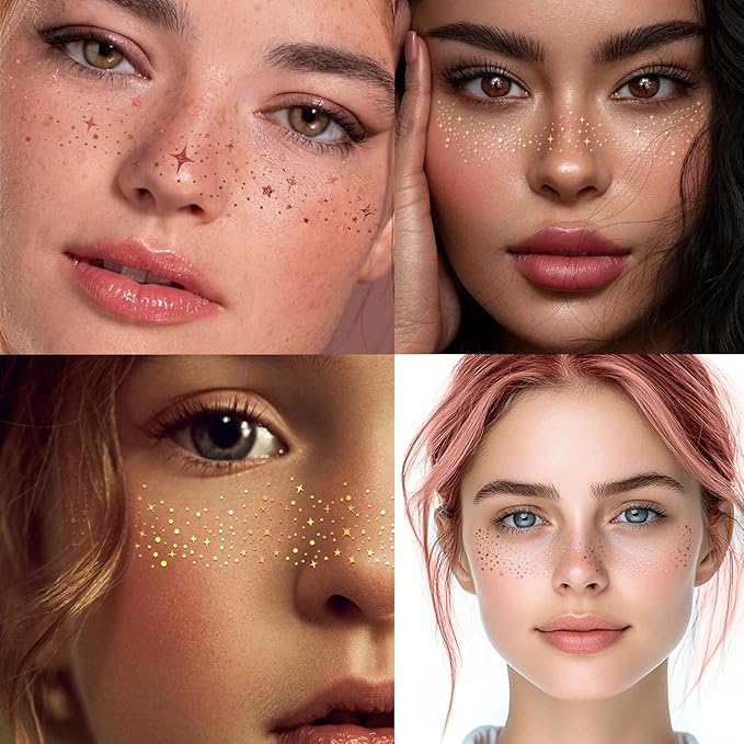 20PCS Glitter Freckles Face Tattoo, 4 Sheets/5 Styles Face Glitter Freckles for Festival & Rave, Waterproof Temporary Face Glitter Freckle Tattoo for Halloween Christmas (Rose,Gold,Sliver,Bronze)