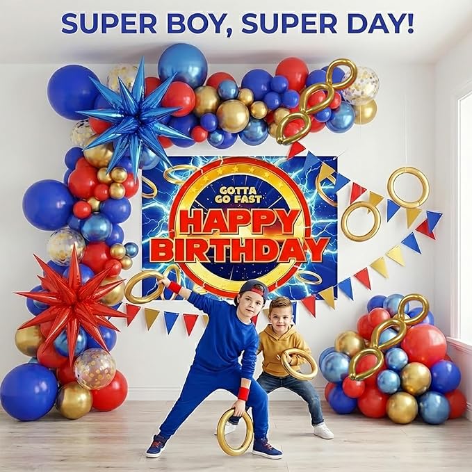 Red Blue Gold Hedgehog Birthday Party Decorations with small balloon arches gotta go fast Letter Star foil balloons backdrop for video game Cartoon Movies Super hero themed birthday party decor