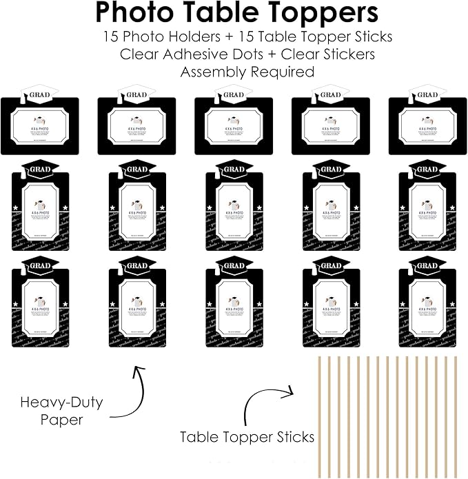 Black Graduation Party Decorations, Photo Display Centerpiece Kit - 15 Double-Sided Photo Table Topper Sticks, Vertical and Horizontal 4x6 Picture Holders - Graduation Cheers