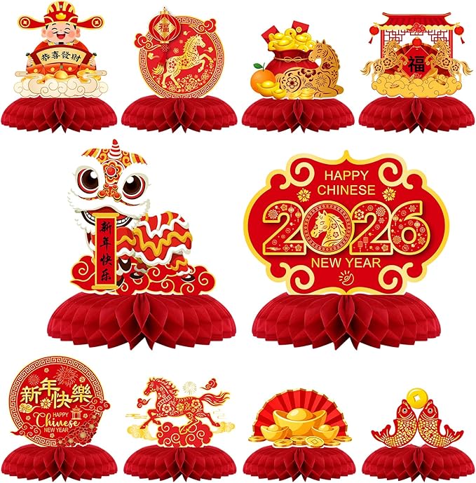 10 Pcs Chinese New Year Honeycomb Centerpieces Decoration 2026 Year of The Horse Ornaments Signs Red and Gold Table Toppers Table Centerpieces Lunar New Year Party Supplies