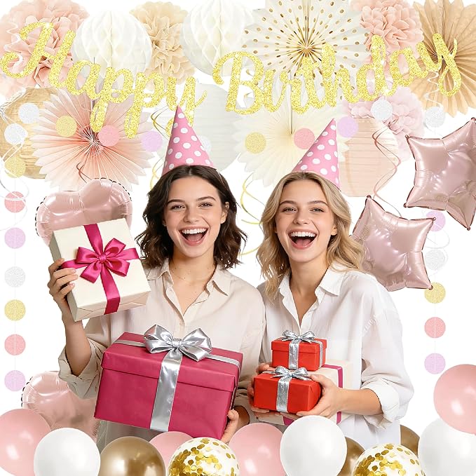 Birthday Decorations for Women, Boho Champagne-Beige 42pcs Balloon Garland with Hearts & Stars, Happy Birthday Banner, Peach Paper Lanterns & Tissue Pom Poms– decoración de cumpleaños para mujer