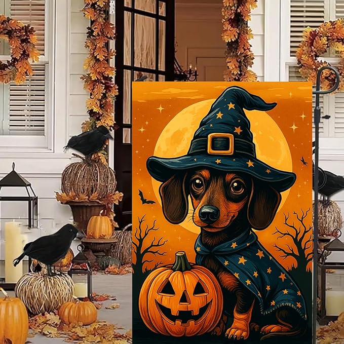 Halloween Garden Flag Dachshund Dog Pumpkin Witch Hat Double Sided 12x18 Inch Cute Fall Garden Flag Outdoor Yard Lawn Decor Trick Or Treat Banner Autumn Porch Decoration Spooky Holiday Sign
