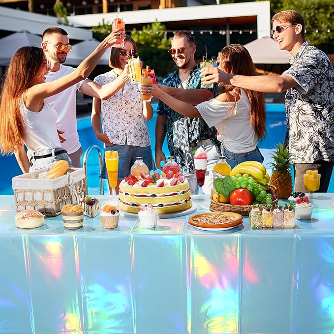 1 Pack Iridescent Light Blue Tablecloth for Parties, Pastel Blue Holographic Plastic Table Cover, Disposable Laser Baby Blue Table Cloth for Birthday Wedding Baby Shower Party Decorations, 54x108 Inch