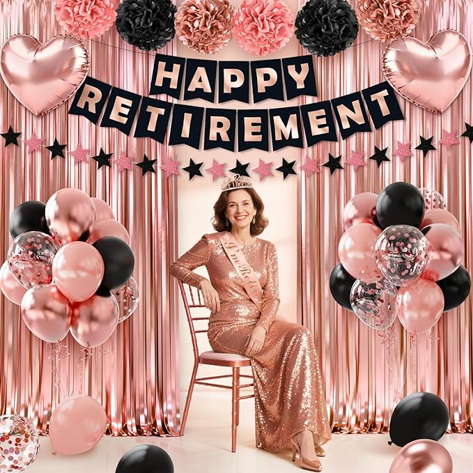 Retirement Party Decorations, 44Pcs Rose Gold Retirement Decorations for Women Include Happy Retirements Banner Retired Sash Crown Fringe Curtain & Foil Balloons for Women Retirements Decorations