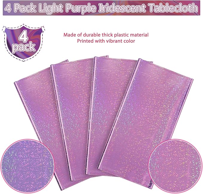 4 Pack Iridescent Light Purple Plastic Tablecloths Shiny Disposable Laser Rectangle Table Covers Holographic Foil Tablecloth Iridescent Kpop Birthday Bridal Wedding Party Decoration, 54 x 108 Inch