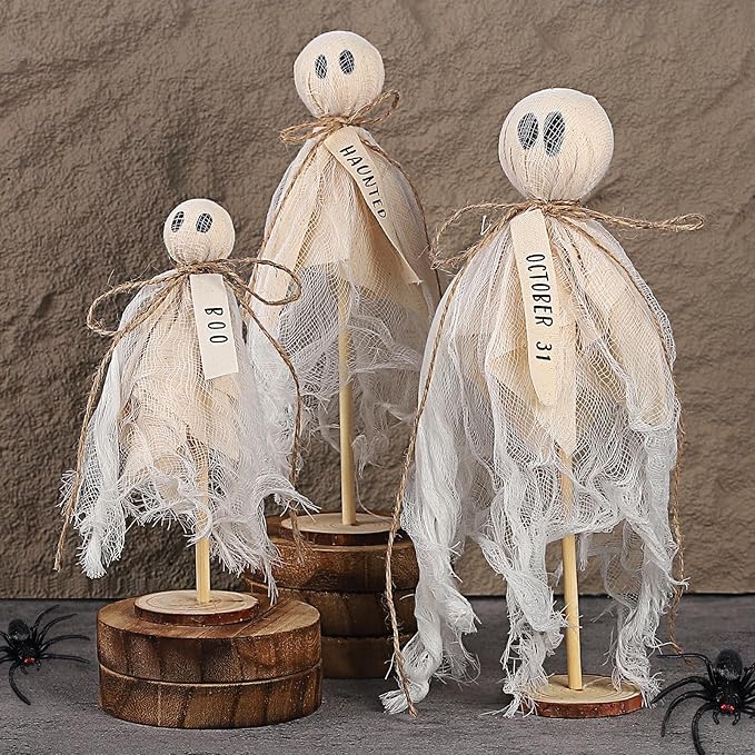 Summerween Decoration Halloween Decorations Indoor - 3 Set of Primitive Ghosts on Wooden Stand for Table Centerpieces Tiered Trays Shelves Mantels Home Halloween Décor