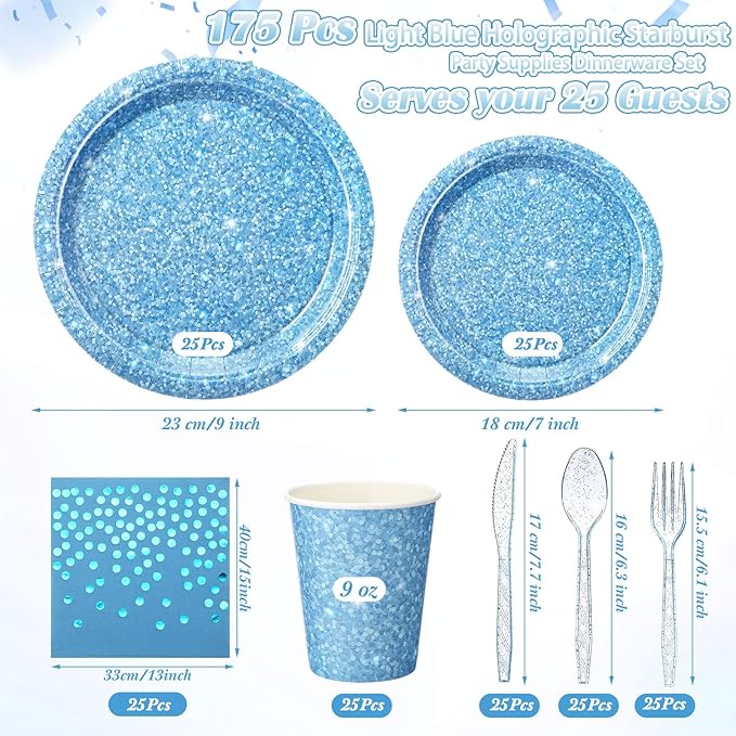 Hushee 175 Pcs Light Blue Holographic Print Party Supplies Guests Disposable Dinnerware Set Include Paper Plates, Napkins, Cups, Plastic Cutlery for Wedding Birthday Disco Bachelorette
