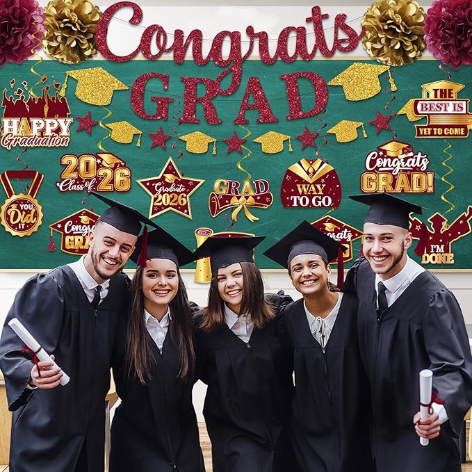 Maroon Graduation Decorations 2026, Glitter Congrats Grad Banner Hanging Swirls and Tissue Pom Poms, Maroon and Gold Graduation Decorations for Class of 2026 College Graduations Party Decorations