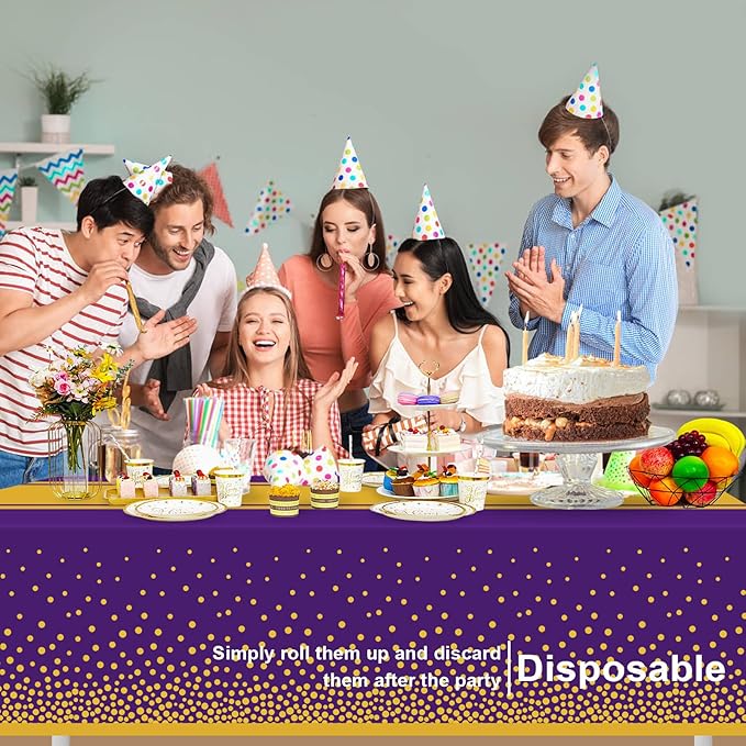 2 Pack Purple and Gold Tablecloth Party Decorations Plastic Purple Tablecloth Printed Gold Table Runner 54 x108 Inch Disposable Rectangle Table Cover for Birthday Wedding Graduation