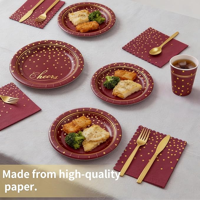 OuMuaMua Maroon Gold Paper Plates and Napkins Party Supplies for 24 Guests, 168 Pcs Burgundy Disposable Plates with Utensils Set for Maroon and Gold Graduation Birthday Party Decorations