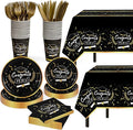 Graduation Decorations Class of 2026 Graduation Party Decorations,147 PCS Disposable Congrats Grad Tableware,Black and Gold Tablecloth Knives Fork Plates Napkin Cups for School,College,Party,Serve 24