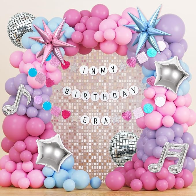 JOGAMS 184Pcs Silver Blue Pink and Purple Balloon Arch Kit with In My Birthday Era Banner Star Music Note Disco Ball Balloons for Friendship Songstar Fans Prom Karaoke Princess Theme Birthday Party