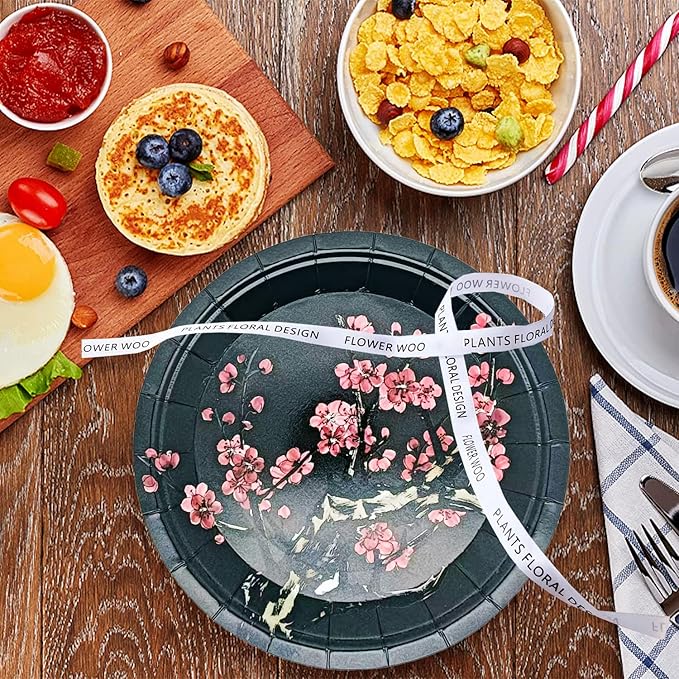 50Pcs Chinese New Year Party Supplies Chinese Japanese Cherry Paper Plates 7"Cherry Blossom Dessert Plates Flowers Plates for Birthday Wedding Chinese New Year Spring Festival Decorations (Black)