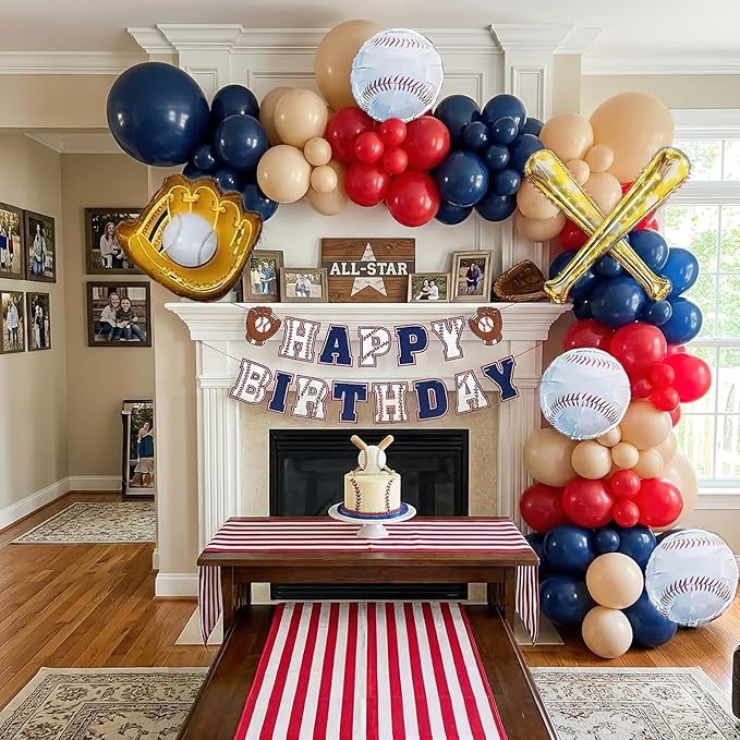 Baseball Birthday Party Decorations Navy Blue Red Nude Balloon Arch With Baseball Bat & Glove Balloons and Happy Birthday Banner For Sports Rookie year 1st birthday Baby Shower Supplies Decoration