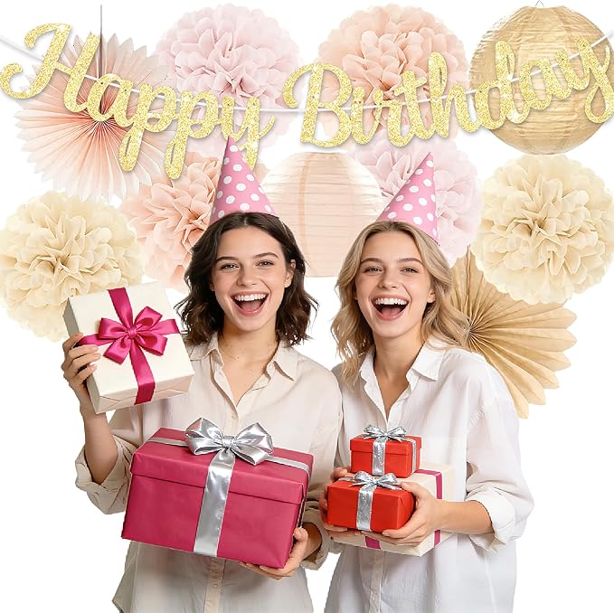 Birthday Decorations for Women, Boho Champagne-Beige 11pcs Balloon Garland, Happy Birthday Banner, Peach Paper Lanterns & Tissue Pom Poms– decoración de cumpleaños para mujer