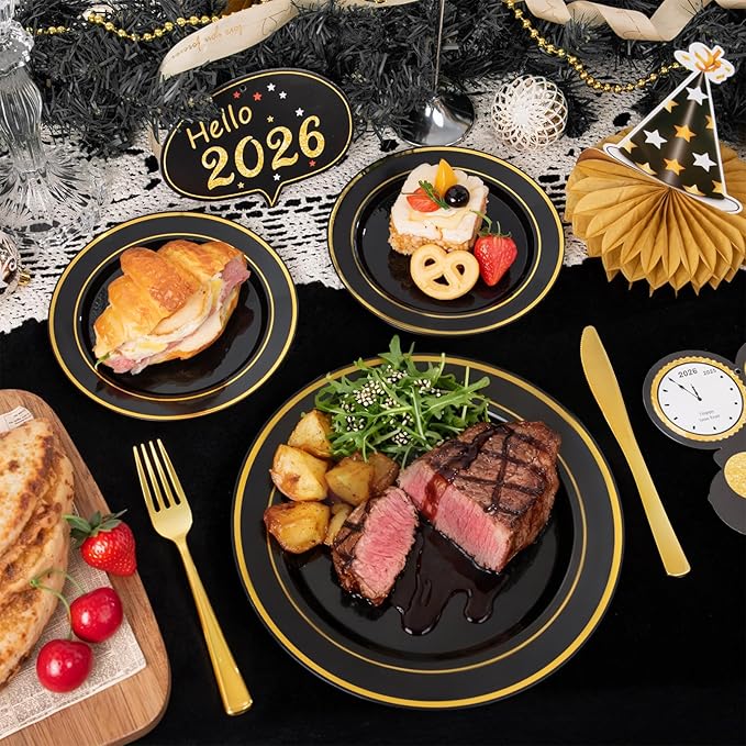 350 Pieces Black and Gold Plastic Plates with Disposable Silverware, Include 50 Dinner Plates 9”, 50 Dessert Plates 6.3”, 50 Black Cups 9 OZ, 50 Pre Rolled Napkins for Wedding Party Graduation