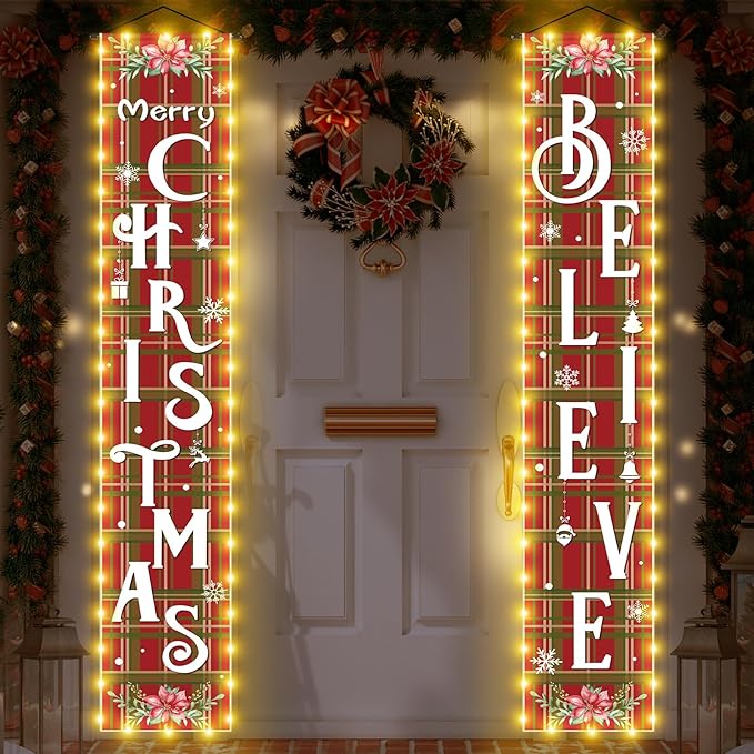 Mixweer 2 Pcs Lighted Christmas Hanging Banner Porch Sign Outdoor Decorations Merry Christmas Believe Yard Sign Red Green Buffalo Plaid Snowflake Porch Banner Xmas Holiday Door Garden Signs