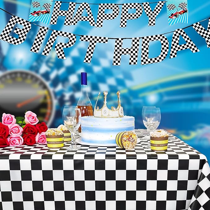 Mulbozy 4 Pcs Black and White Checkered Tablecloths, 54 × 108 Inches Black Checkered Flag Tablecover, Disposable Plastic Gingham Table Cover for Picnic, Truck, Race Car Birthday Party Supplies