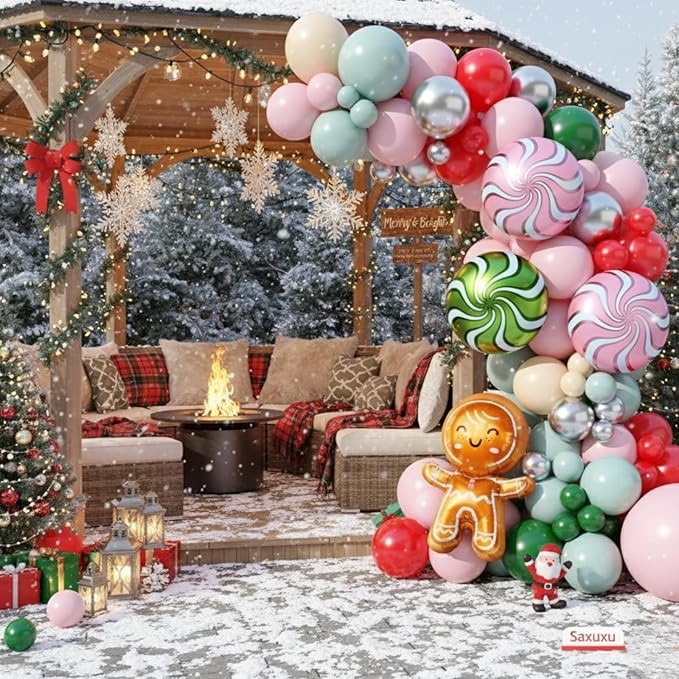 Christmas Balloon Arch Kit, Macaron Pink Red Green Ivory Metallic Silver Candy-Themed Balloons with Gingerbread Style Foil Balloons for Christmas Birthday Party Decorations Baby Shower Backdrop