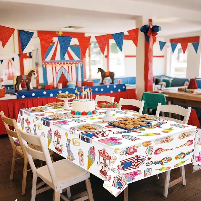 Hxezoc 3 Pack Circus Party Tablecloths, 54 x 108 Inch Disposable Plastic Carnival Table Cover for Carnival Birthday Party Decorations Outdoor Indoor Supplies