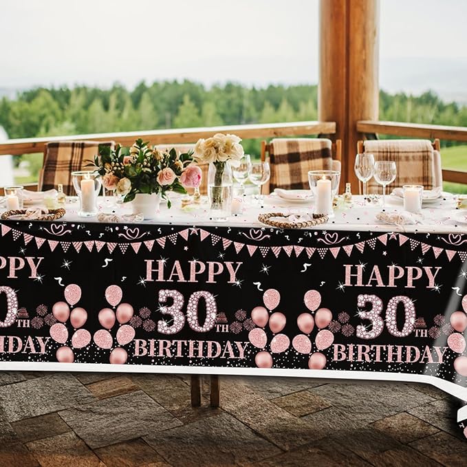 3PCS Happy 30th Birthday Tablecloth Decorations for Girls Women Black and Rose Gold 30 Year Old Birthday Party Supplies Disposable Plastic Rectangular Table Cloth