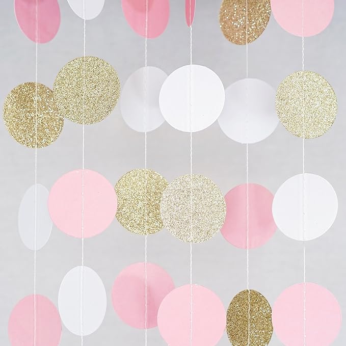 Chloe Elizabeth Circle Dots Paper Party Garland Streamer Backdrop (4-Pack, 10 Feet Per Garland, 40 Feet Total) - Pink, White, Gold Glitter