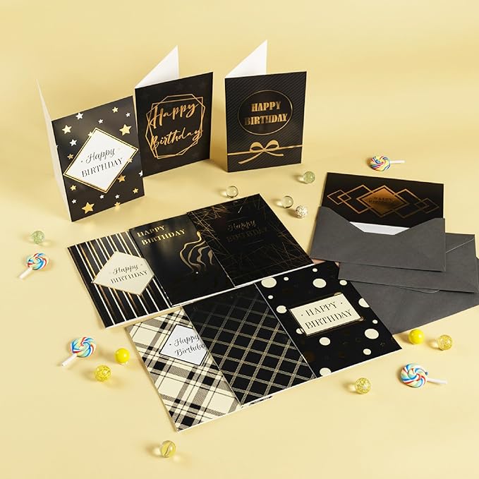 Mr. Pen- Birthday Cards with Envelopes, 20 Pack, 4" x 6", Black with Gold Foil, Blank Inside, Greeting Cards Birthday