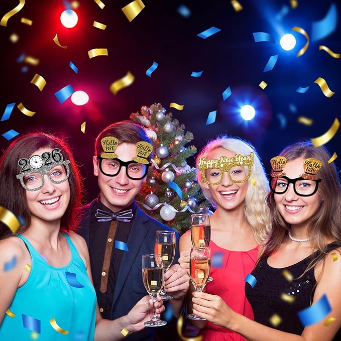 12PCS New Year Glasses, Funny New Years Eve Party Paper Glasses Photo Booth Props 2026 Eyeglasses Frames for NYE Party Supplies Decorations 2026