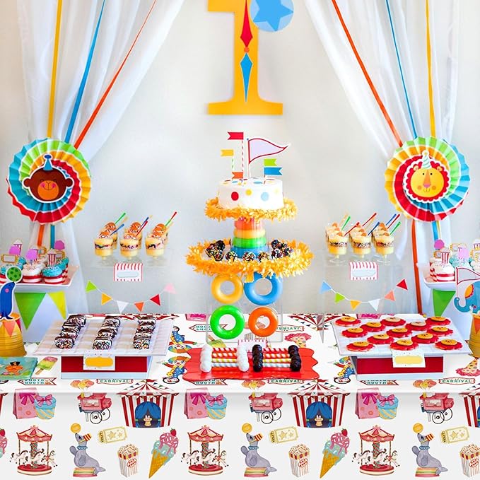 Hxezoc 3 Pack Circus Party Tablecloths, 54 x 108 Inch Disposable Plastic Carnival Table Cover for Carnival Birthday Party Decorations Outdoor Indoor Supplies