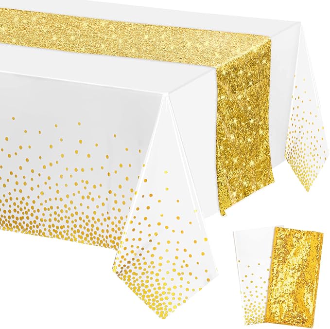 Irenare Tablecloth and Sequin Table Runner Set Polka Dots Confetti Table Cover Dining Plastic Tablecloths Glitter Decorations for Birthday Wedding Anniversary Party Supplies(White, Gold,2 Pcs)