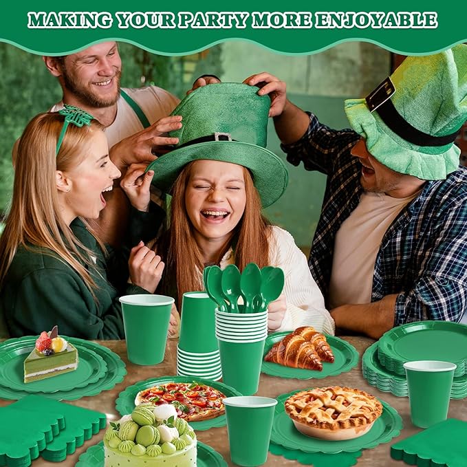 Vyntra 350 Pcs Green Paper Plates and Napkins Set for 50, 9" Dinner Plates & 7" Dessert Plates, Tableware for Party, St. Patrick’s Day, Birthday