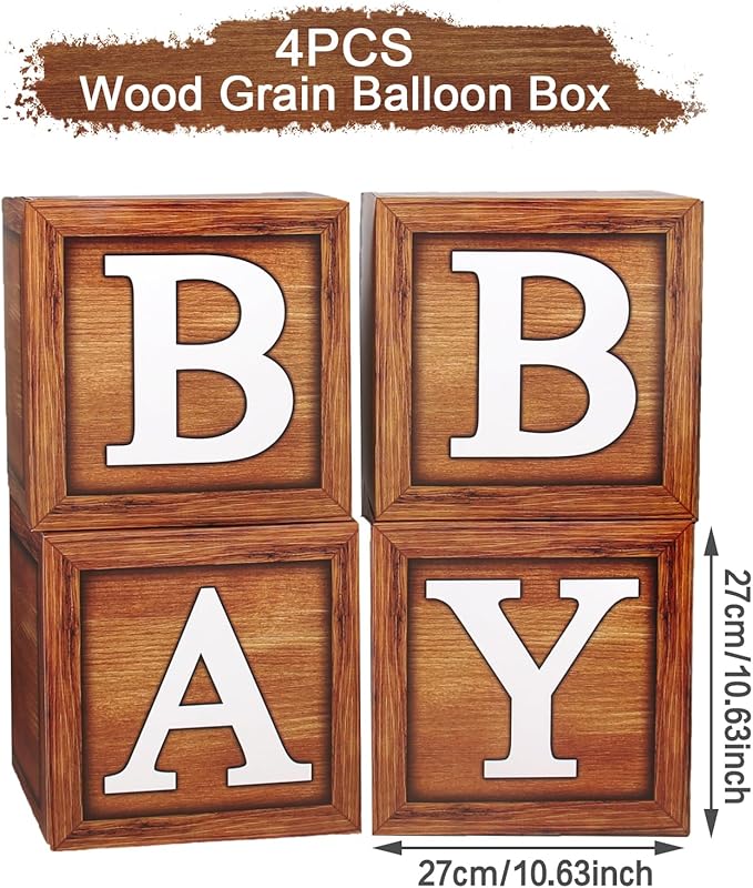 Baby Shower Boxes Party Decorations - 4 Wood Grain Brown Blocks with Baby Letter, Printed Letters,First Birthday Centerpiece Decor, Teddy Bear Baby Shower Supplies, Gender Reveal Backdrop