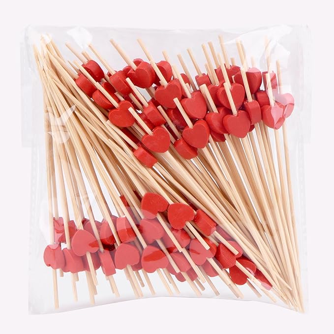 JtmyAota 100 Pack Fruit Toothpicks, Heart-Shaped Bamboo Cocktail Picks, Natural Bamboo Toothpicks for Appetizers Fruit Cake Dessert Barbecue Snacks Sandwiches (Red)
