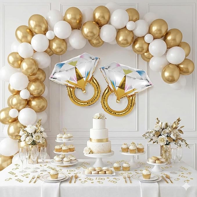Engagement Party Decorations Set - 2 Giant Diamond Ring Balloons + Gold Confetti Table Scatter, Engagement & Wedding Party Supplies for Bridal Shower, Bachelorette, Anniversary Celebration