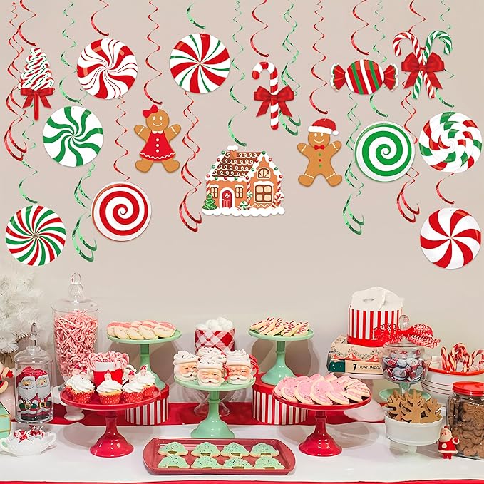 36 PCS Christmas Hanging Swirls Decorations Pre-Strung Candy Gingerbread Man Hanging Streamers Christmas Red Green Candies Gingerbread House Ceiling Swirl Streamer for Xmas Holiday Party Home Decor