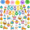 25Pcs Easter Decorations Set with Happy Easter Banner, Easter Egg Garland, Pompoms & Hanging Swirls for Home, Classroom, Easter Party Decorations Indoor
