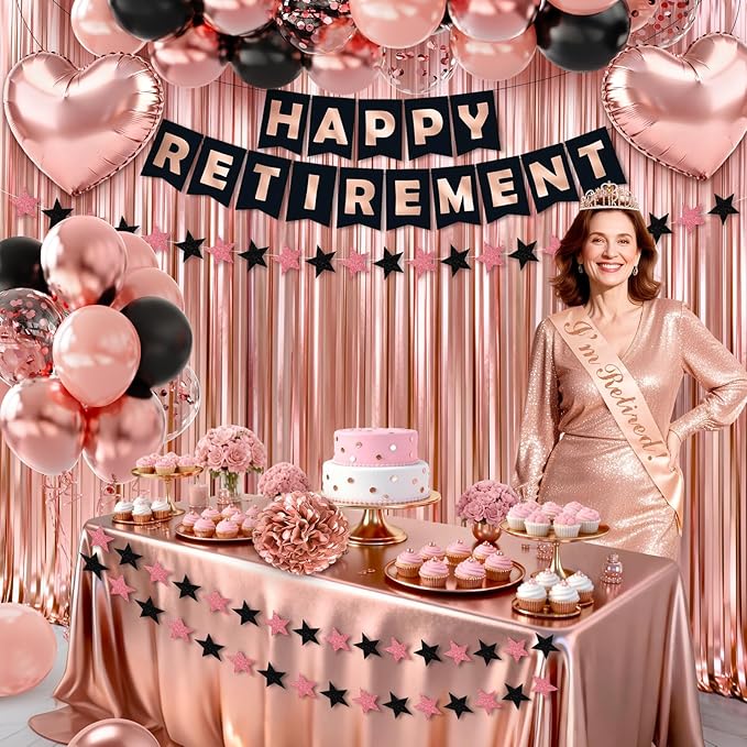 Retirement Party Decorations, 44Pcs Rose Gold Retirement Decorations for Women Include Happy Retirements Banner Retired Sash Crown Fringe Curtain & Foil Balloons for Women Retirements Decorations