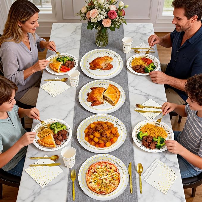 168 Pcs Paper Plates and Napkins Party Supplies, White and Gold Disposable Plates for 24 Guests, Golden Dot Party Plates, Napkins, Cups and Utensils Set for Birthday Wedding Graduation Party Decor