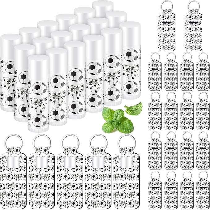 18 Sets Soccer Bow Party Favors Lip Balm and Lipstick Holder Keychain Bulk Sport Team Soccer Gifts Natural Moisturizing Lip Balm Keychains Pouch for Team Sports Party Supplies(White)