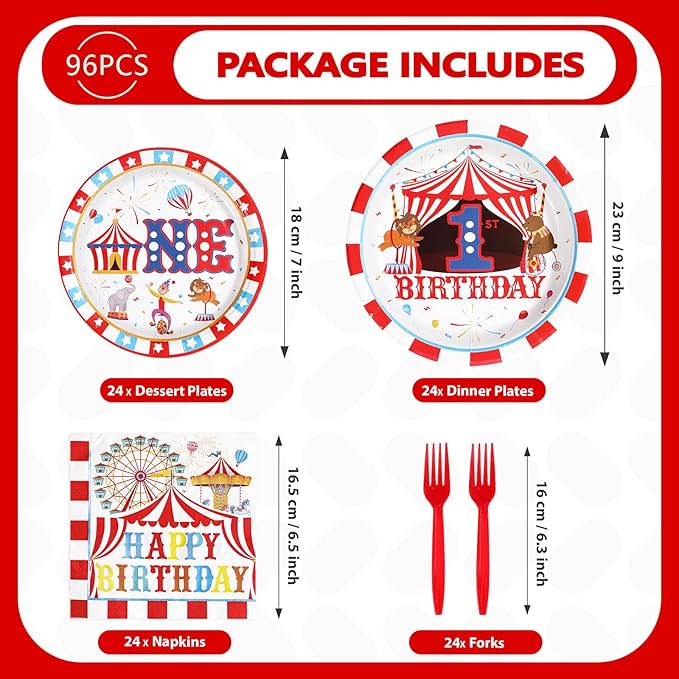 96Pcs Carnival 1st Birthday Party Decorations Carnival Circus First Birthday Plates and Napkins Tableware Sets Circus Theme Decoration Favors for Boys Girls Baby Shower One Year Old Supplies Serves 24