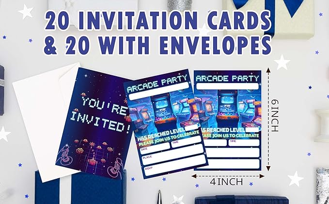 CLIRBE Arcard Games Birthday Party Invitations, Glow Neon Games Birthday Invitations For Brother Bro Teen Boys Girls, 20 Invites Cards With 20 Envelopes, Party Supplies Favors -H12