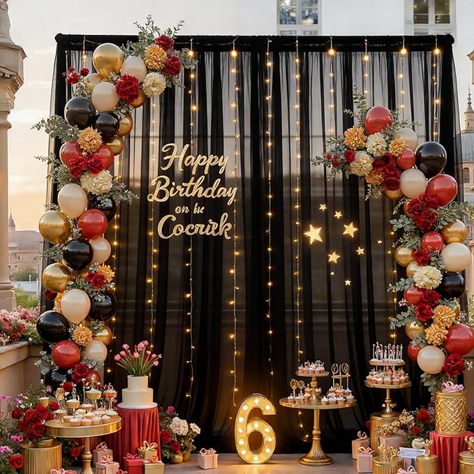 Black Tulle Backdrop Curtain with Lights Strings, Elegant Sheer Photo Backdrop Drapes, Soft Fabric Curtain for Weddings Brithday Parties Photography Background Decor, 10ftx8ft