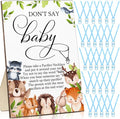 Geetery 51 Pcs Don't Say Baby Game Sign Cool Baby Shower Game 50 Pacifier Necklace Wooden Don't Say Sign Plastic Pacifier Party Favor for Gender Reveal(Woodland,Blue)