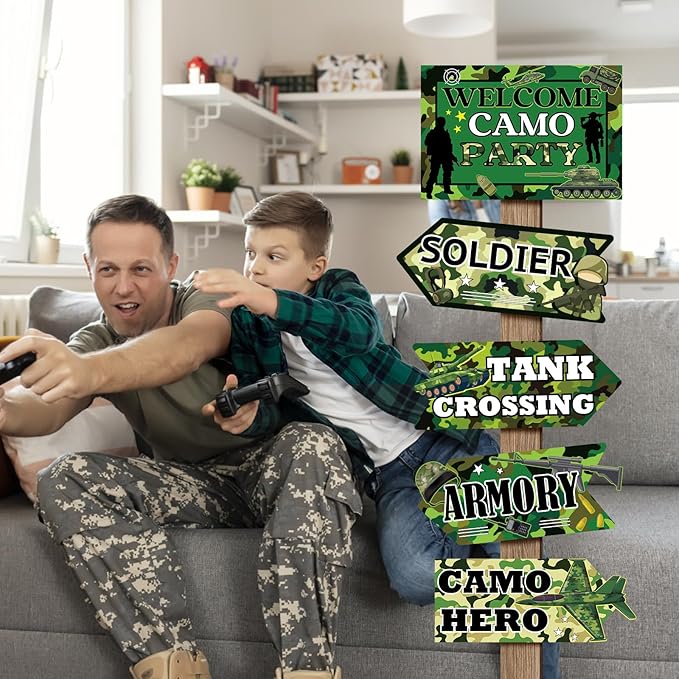 Hooqict 20 Pieces Camo Party Signs Army Birthday Party Decorations Camouflage Military Birthday Party Supplies for Boys Men Army Themed Directional Sign